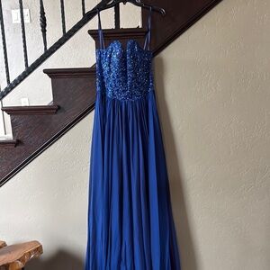 La Femme Blue Beaded Prom Dress